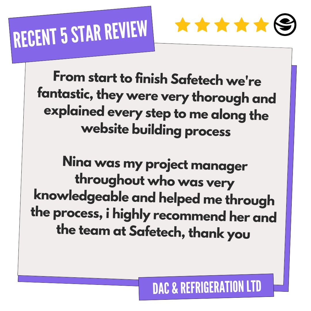 SafetechLTD's tweet photo. Another Great Five-Star Review! ⭐⭐⭐⭐⭐

A huge thank you to DAC and Refrigeration LTD! It was a great pleasure working with you, and we're thrilled you love your new website! 

Get in touch with one of our experts today! 

#Safetech #FiveStarReview #HappyClients #WebsiteDesig https://t.co/NYO1VAWJRt