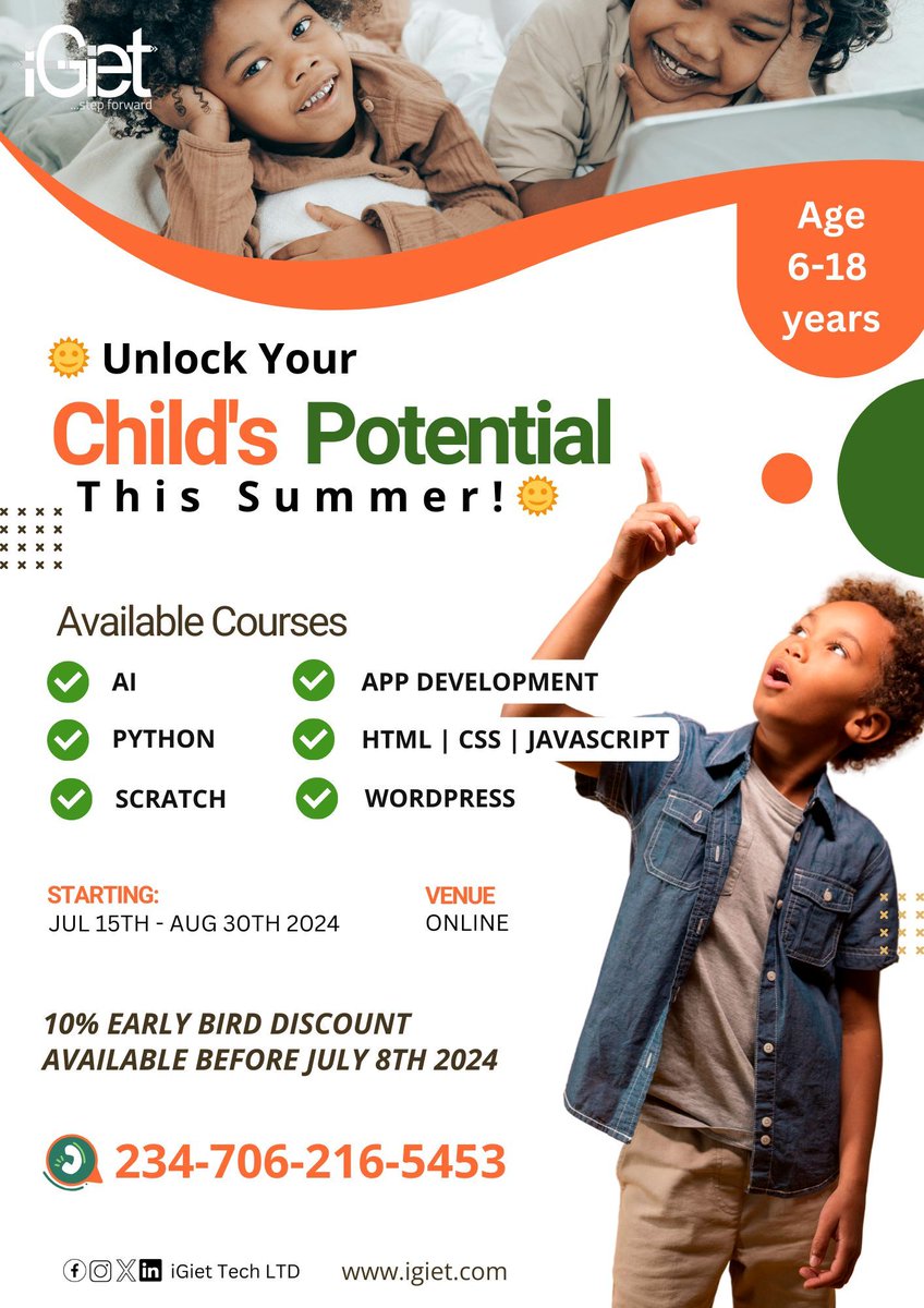 Enroll your kids in our Virtual Summer Coding Bootcamp and watch them thrive! 
📅 15th July -  30th August 2024 | 👶 Ages: 6-15
Early Bird Discounts Available! Register today:
👉 buff.ly/45ZceiU

🚀 Transform Summer into a Coding Adventure! 🚀
#TechKids #SummerBootcamp