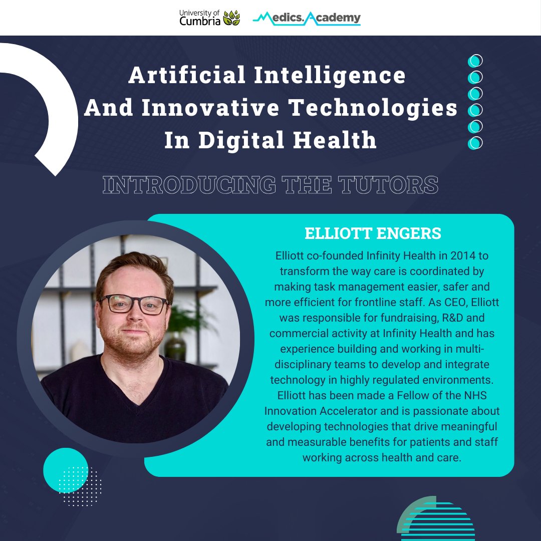 🔍Meet Elliot Engers, one of our esteemed tutors for the Artificial Intelligence and Innovative Technologies in Digital Health programme.🌟📚

🚀To learn more about the programme &amp; to apply: ow.ly/hGgA50SvJGS

#ArtificialIntelligence #DigitalHealth #FutureOfHealth