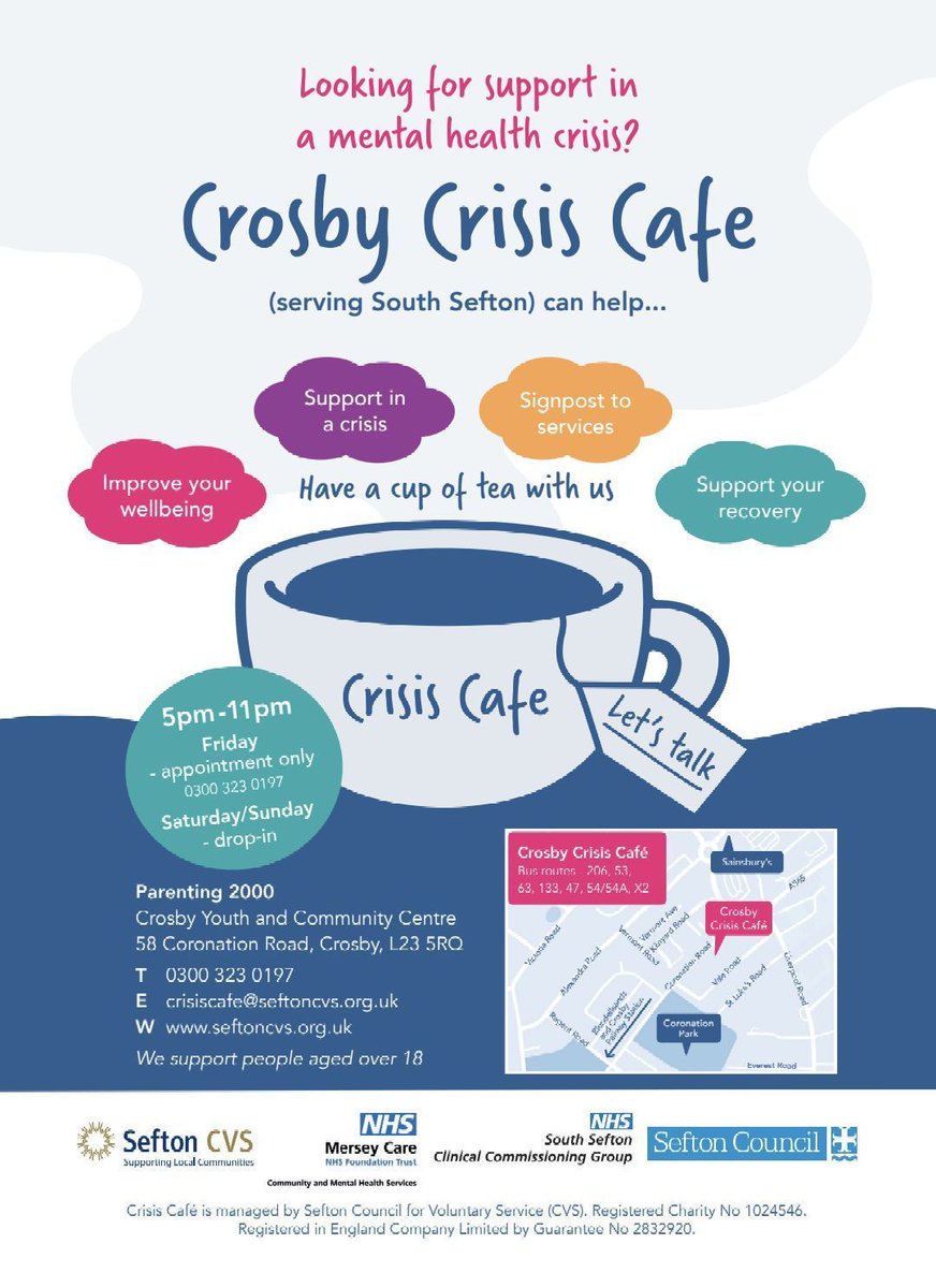 Sefton Crisis Cafés (Crosby & Southport) (@crisiscafe) on Twitter photo Don't forget that we're here to support you every weekend! 😊
➡️ Southport Crisis Cafe
➡️ *Crosby Crisis Cafe
🗓️ Open Friday - *by appointment, Saturday & Sunday 5pm - 11pm
📲 0300 323 0197
📩crisiscafe@seftoncvs.org.uk
<a href="/seftoncouncil/">Sefton Council</a> <a href="/NHSCandM/">NHS Cheshire and Merseyside</a> <a href="/Mersey_Care/">Mersey Care NHS FT 🏳️🌈</a> #MentalHealth Don't forget that we're here to support you every weekend! 😊
➡️ Southport Crisis Cafe
➡️ *Crosby Crisis Cafe
🗓️ Open Friday - *by appointment, Saturday & Sunday 5pm - 11pm
📲 0300 323 0197
📩crisiscafe@seftoncvs.org.uk
<a href="/seftoncouncil/">Sefton Council</a> <a href="/NHSCandM/">NHS Cheshire and Merseyside</a> <a href="/Mersey_Care/">Mersey Care NHS FT 🏳️🌈</a> #MentalHealth