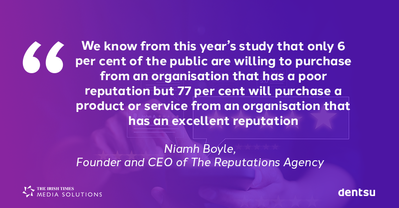 dentsuIE's tweet photo. PODCAST | This week on #InsideMarketing we talk to Niamh Boyle of The Reputations Agency about reputation's role in business success. Discover insights from the Ireland RepTrak 2024 report and learn to build a strong reputation for growth. In partnership with @IrishTimesSales
