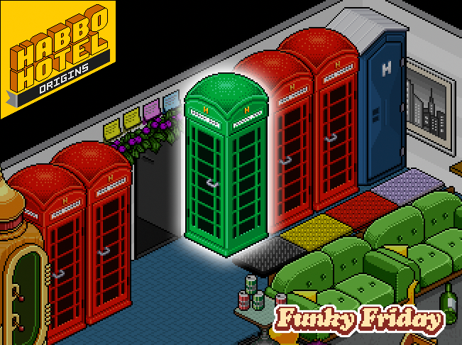 Habbo's tweet photo. ☎️ It’s FUNKY FRIDAY in #HabboHotelOrigins!

To be one of the 20 lucky winners of a pair of lovely green telephone boxes, simply quote tweet this with a picture of you inside Habbo Hotel: Origins! Winners picked in 24 hours.

🛒 Buy the new teleport in-game

These teleports are also being added to the Catalogue for 24 hours. Whether or not we add them back in the future is up to you: we will set up an InfoBus Park poll for it!

ℹ️ Note: these items are for use in Habbo Hotel: Origins only.