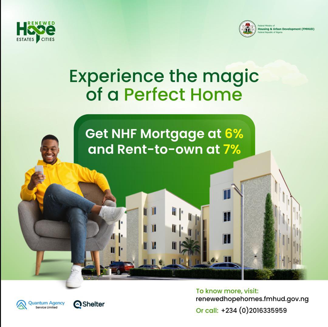 renewedhproject's tweet photo. Take the first step towards owning your dream home with Renewed Hope Homes. Enjoy NHF loans at 6% per annum or Rent-to-Own at 7%. Visit https://t.co/0GSPHhFbgA today! Call +2342016335959 to speak with our reps. https://t.co/yThmhmp5ZB