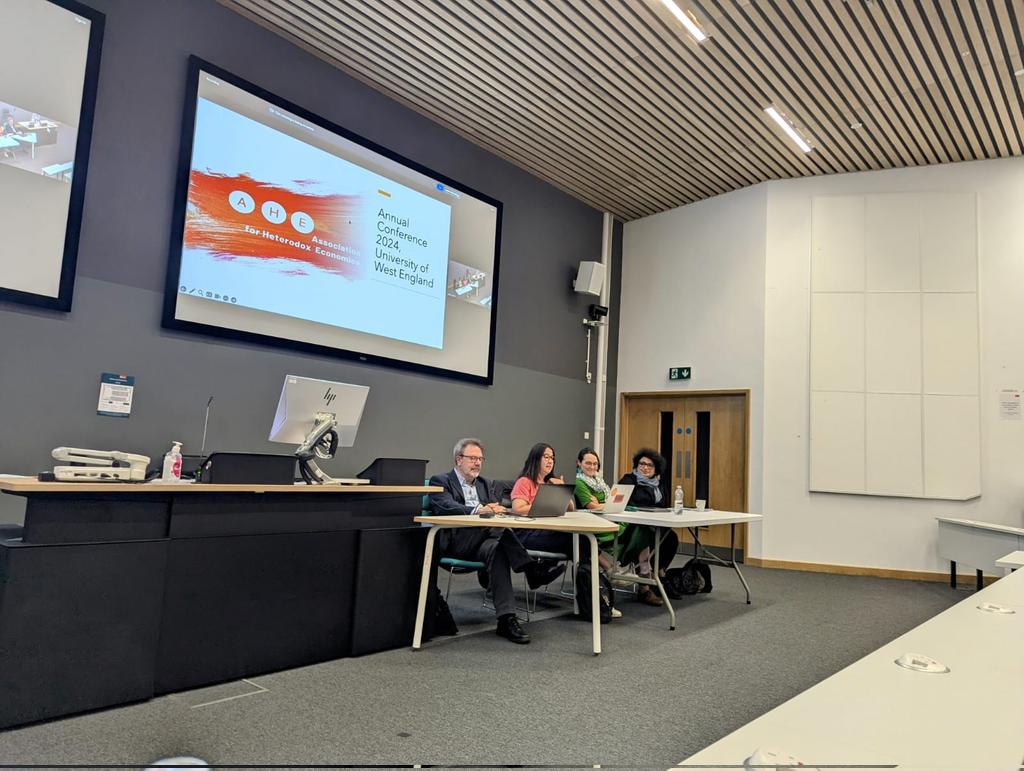 hetecon's tweet photo. The final keynote of the AHE 2024. Speakers include Lekha Chakraborty, Natalie Bracarense, and Gary Dymski.

#AHE2024 https://t.co/BR3FiPYQND