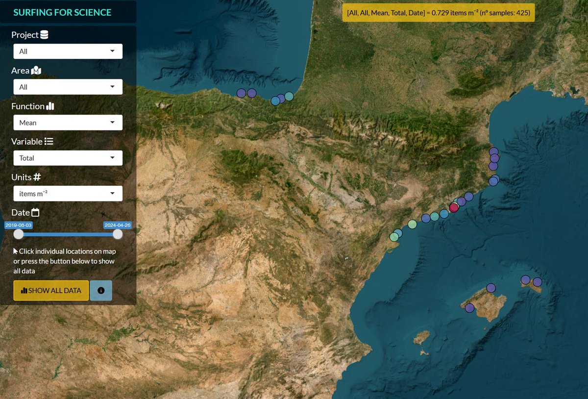 🔍 Visor de dades de microplàstics flotant a l'Atlàntic i al Mediterrani actualitzat!!
&gt;100,000 #microplastics classificats per localitat, data, mida, forma, color, composició... #surfingforscience 🏄‍♀️🔬📊

🔗 litter.shinyapps.io/surfingforscie…