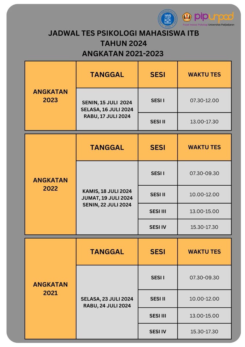 Teman-teman, cermati informasi berikut dan jangan lupa daftar, ya!

Tes ini bersifat wajib, loh!

bit.ly/TesPsikologiIT…