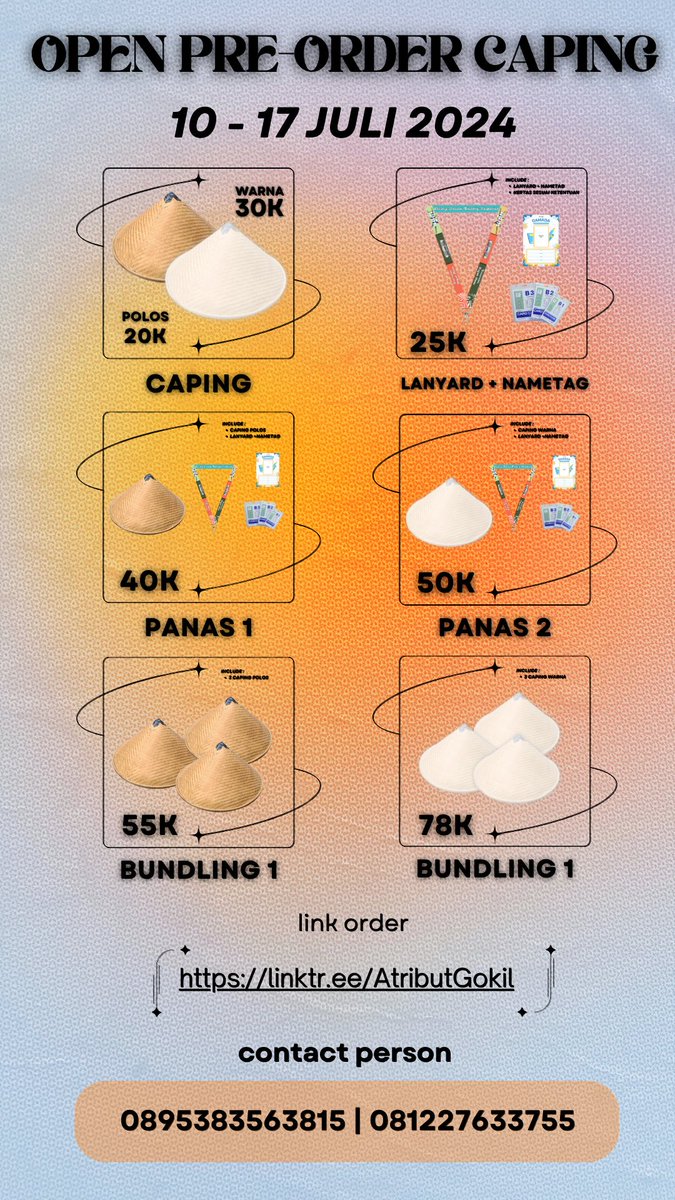AtributGokil's tweet photo. [‼️OPEN PRE-ORDER ATRIBUT PIONIR UGM 2024]

Halo Gadjah Mada Muda 2024!

Ga sempet buat atribut?
Ga usah pusing-pusing bikin, tinggal order aja di kami. Semua atribut sesuai dengan ketentuan dan ada garansi 100%!!

CHECK LINK DI BIO 
#atribut #caping #ppsmb #pionir https://t.co/Z4vu3KiSKi