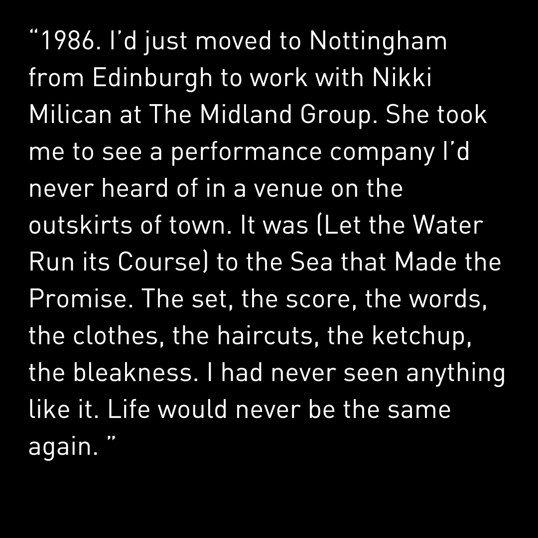ForcedEnts's tweet photo. (Let the Water Run its Course) to the Sea that Made the Promise is a classic FE work that has inspired several of our #FERecall memories. Here, Lois Keidan who has a long relationship with Forced Entertainment, shares her recollection of the show.

https://t.co/NOXyh9c0TX https://t.co/R1fDVRizEm