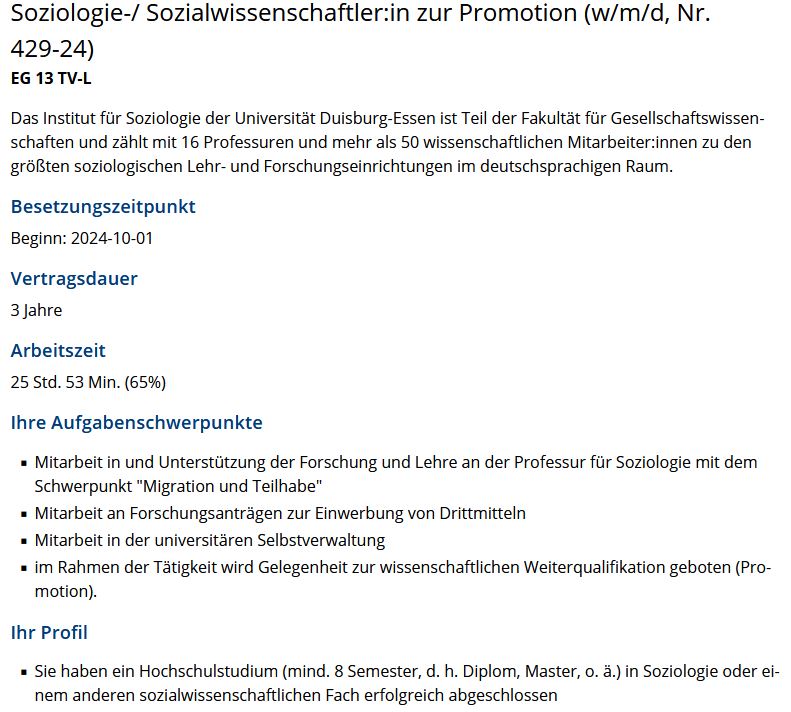 WiMi-Stelle (TV-L 13, 65%, 3 Jahre) in der AG von Prof. Helen Baykara-Krumme (Migration und Teilhabe) <a href="/unidue/">Uni Duisburg-Essen @unidue.bsky.social</a> zu vergeben! Start: 01.10.2024. 📅
🔗 uni-due.de/karriere/stell…
Bewerbungsfrist: 15.08.2024
Werde Teil unseres großartigen Teams! 🙌
#Stellenangebot #Promotion #Soziologie