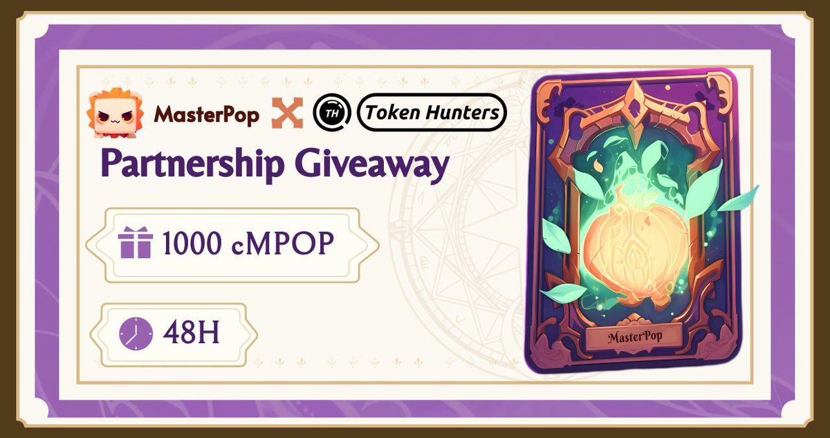 MasterPop &amp; Token Hunters Partnership #Giveaway 

To enter: 
1. Follow <a href="/masterpopgame/">MasterPop 🟦</a> &amp; <a href="/Tokenhuntersxyz/">TokenHunters</a>
2. RT+❤️
3. Join discord.gg/mS2HC8Kzbj &amp; discord.gg/JH9XXJC7jS
4. Drop your email used to register on masterpop.xyz

💰Rewards: 
1000 cMPOP
20x Alpha hunters