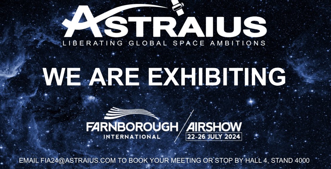 Astraius will be at <a href="/FIAFarnborough/">Farnborough Airshow</a> from 22-26 July, showcasing our responsive satellite launch capability. Do visit us in the Space Zone and meet our team. #FIA <a href="/spacegovuk/">UK Space Agency</a>