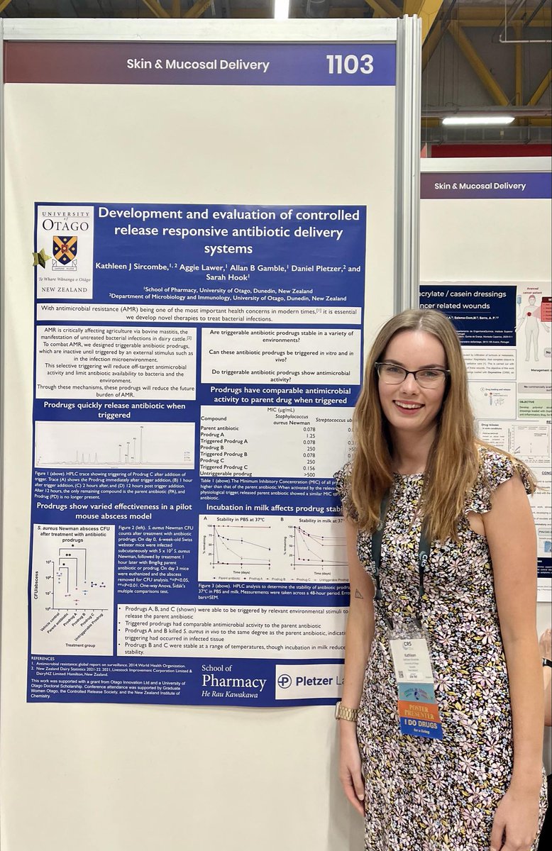 NZCRS (@nz_crs) on Twitter photo Young Scientist Grant winner Kathy Sircombe with her poster on "Development and evaluation of controlled release responsive antibiotic delivery systems" at #CRS2024 <a href="/CRSScience/">Controlled Release Society</a> <a href="/OtagoPharmacy/">School of Pharmacy</a> <a href="/otago/">University of Otago</a> <a href="/gamble_lab/">The Gamble Lab</a> Young Scientist Grant winner Kathy Sircombe with her poster on "Development and evaluation of controlled release responsive antibiotic delivery systems" at #CRS2024 <a href="/CRSScience/">Controlled Release Society</a> <a href="/OtagoPharmacy/">School of Pharmacy</a> <a href="/otago/">University of Otago</a> <a href="/gamble_lab/">The Gamble Lab</a>