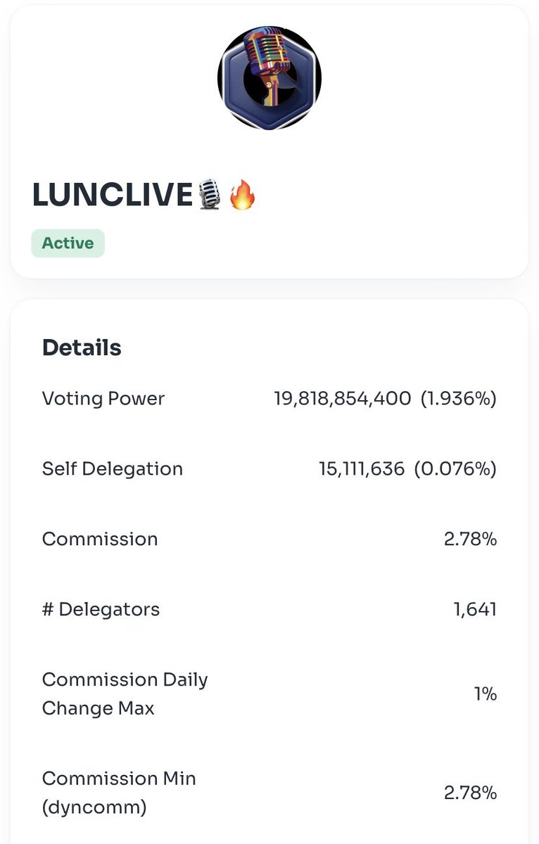 MrDiamondhandz1's tweet photo. The @Luncliveorg validator received 1.6 BILLION $LUNC and is currently the #14th ranked validator. 🥳🎉

Come stake with us and receive 11.18% APR on your #LunaClassic today!

#LUNC to the moon! 💎🤲🏻 #Crypto #Binance    #LUNCcommunity #LuncStake https://t.co/vUFar42DQ4
