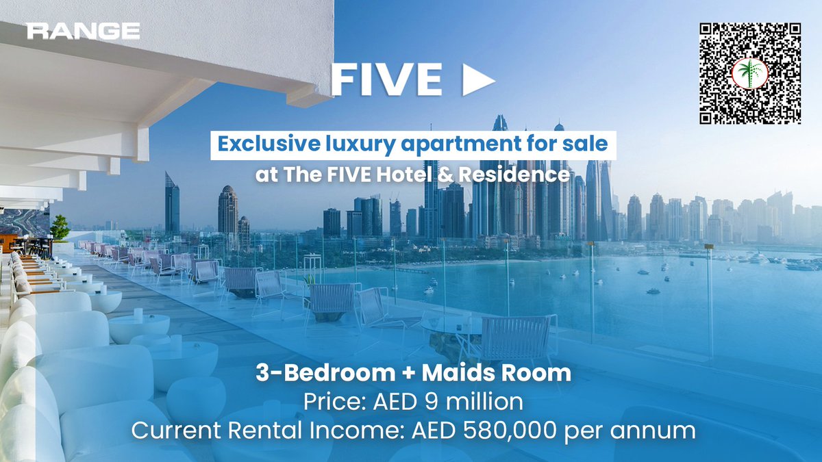 rangedxb's tweet photo. Introducing 3-bedroom plus maid's apartment at The FIVE Hotel &amp; Residence, with a rental income of AED 580,000 per annum. This fully furnished residence features stunning &amp; spacious interiors, access to 5-star hotel amenities, &amp; beach.
#rangedxb #palmjumeriah #rangeinternational https://t.co/OIvZaFzMWA