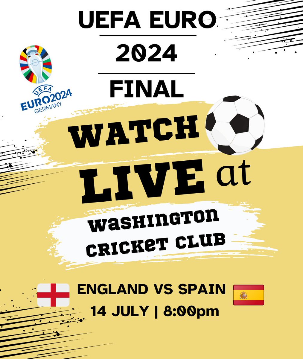 ‼️COME WATCH THE EUROS FINAL AT THE CLUB‼️

🏴󠁧󠁢󠁥󠁮󠁧󠁿ENGLAND VS SPAIN 🇪🇸 

🍻Bar is open from 3:00pm