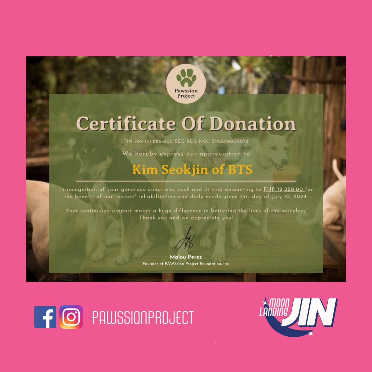 🌌✨ Galactic Update: Donations have landed! 🚀

Astronauts, we're excited to share that we've raised a total of Php 24,500!

All donations have been made to our selected animal welfare charities under BTS Jin's name. 🐈🐕

YOU made this possible. ✨

#MoonLandingJinPH