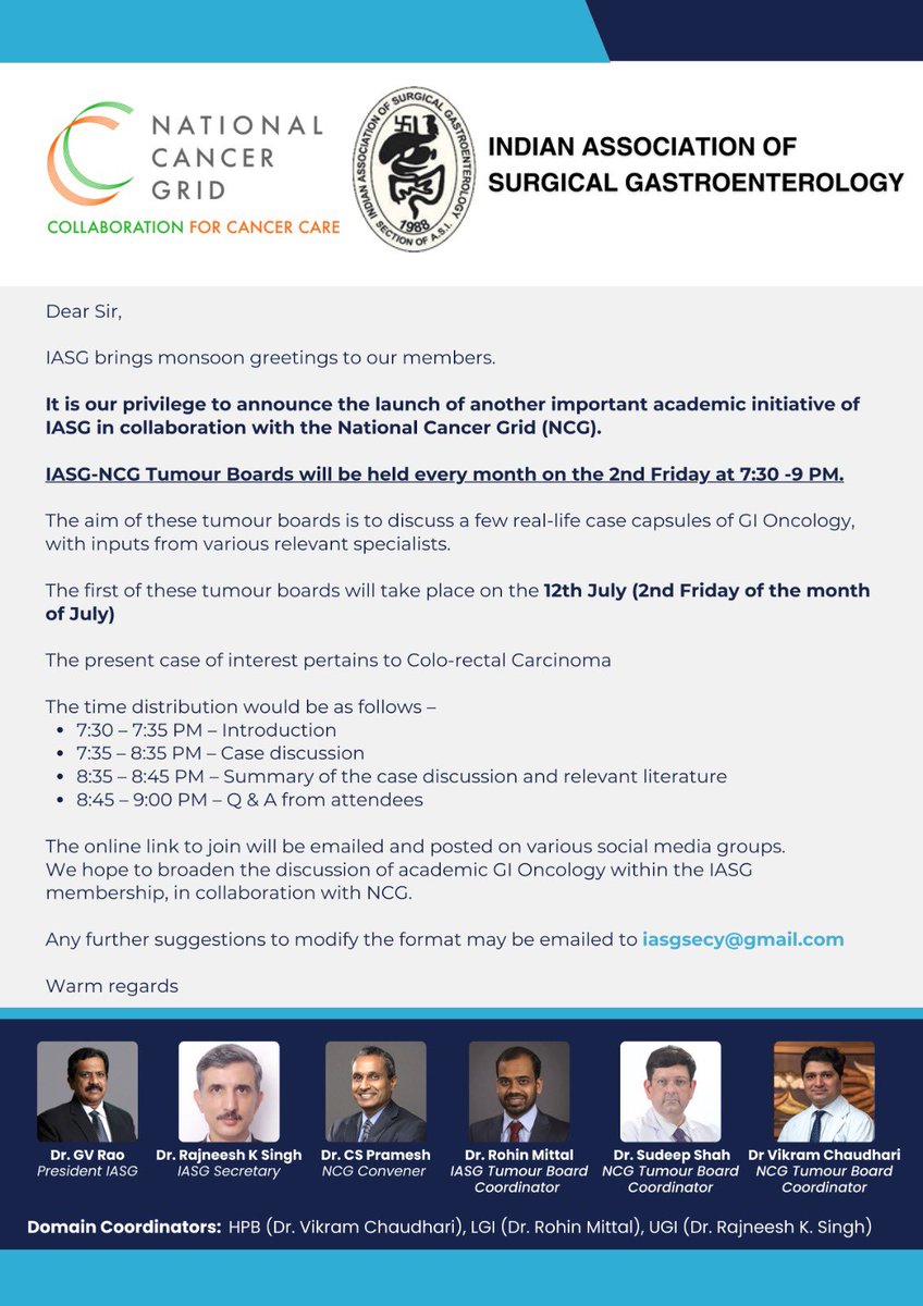 DrVAChaudhari's tweet image. IASG NCG collaboration 
GI Oncology Tumor Boards. 
Please join us today at 7.30 PM IST 

echo.zoom.us/j/88556299498