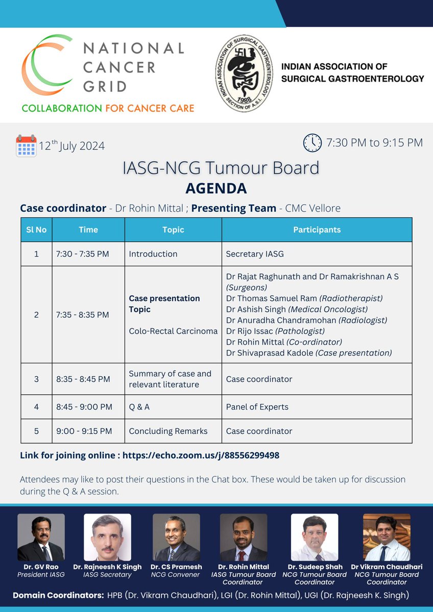 DrVAChaudhari's tweet image. IASG NCG collaboration 
GI Oncology Tumor Boards. 
Please join us today at 7.30 PM IST 

echo.zoom.us/j/88556299498