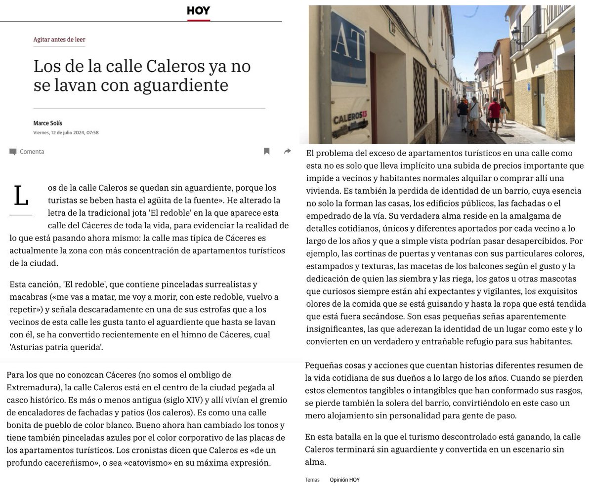 Mi artículo de hoy en el <a href="/hoyextremadura/">Diario HOY</a> 
"Los de la calle Caleros se quedan sin aguardiente, porque los turistas se beben hasta el agüita de la fuente». La calle mas típica de Cáceres tiene la mayor concentración de apartamentos turísticos de la ciudad.
hoy.es/opinion/marce-…