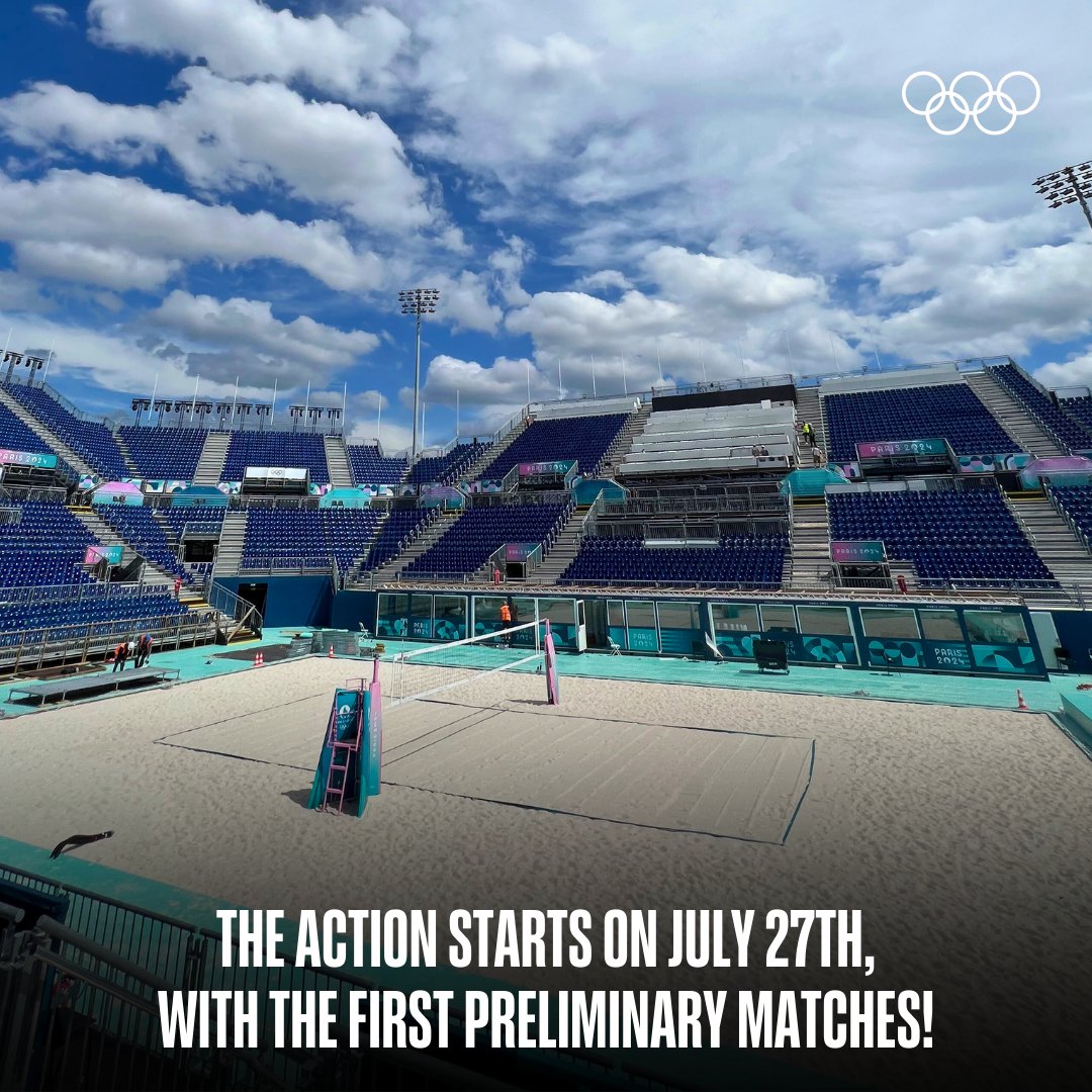 Olympics's tweet photo. The Eiffel Tower Stadium at the #Paris2024 Olympic Games! 
Witness beach volleyball in a truly magical setting, from the historic Champ de Mars to the iconic Eiffel Tower. ✨🏐

@Paris2024