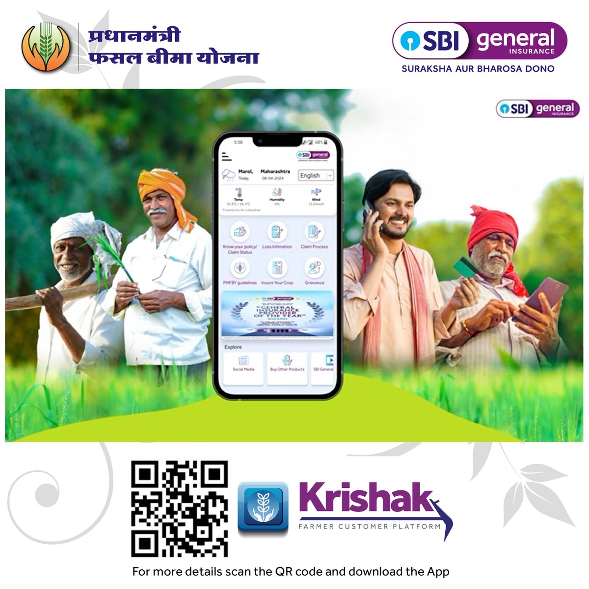 sbigeneral's tweet photo. SBI General launches its in-house Mobile Application called “Krishak,” tailored specifically to cater to the needs of the farming community. The Krishak App stands out as an innovative solution that harnesses the power of technology to support farmers in their daily agricultural activities. Acting as a reliable companion to farmers, this app goes above and beyond by offering crucial features such as providing comprehensive weather information, enabling hassle-free reporting of claims, and allowing real-time tracking of claim status, among a host of other valuable functionalities. Moreover, Krishak also serves as a convenient platform for users to explore and purchase various products beyond just Crop. Krishak represents a significant step towards fostering digital innovation.

The significant milestone of the launch was celebrated in the presence of Shri Naveen Chandra Jha, MD & CEO along Shri Rakesh Kaul - Chief Business Officer, Shri Jitendra Attra – Chief Financial Officer, Shri Pankaj Pandey – Chief Information Officer, Shri Udayan Joshi - Chief Technical & Claims Officer, Smt Priya Kumar – EVP & Business Head Emerging Lines, Shri Samir Chhabra - Head Strategy and Performance Planning & Shri Piyush Singh – Head Rural, Agriculture & Micro Insurance.

To download the Krishak app scan the QR code or click on https://t.co/gDj2RS9bmV

#PMFBY #SBIGeneralInsurance