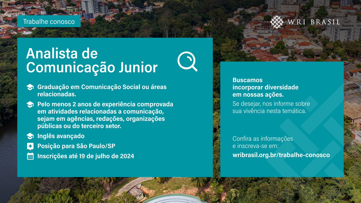 Faça parte da equipe do WRIBrasil: estamos em busca de uma pessoa para a vaga de Analista de Comunicação Junior.
 
Confira mais detalhes e inscreva-se em: wribrasil.org.br/trabalhe-conos…