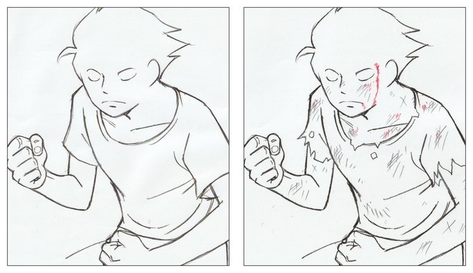 バトル系のアニメでは、エピソードの終盤に向けて味方も敵も傷が増えます。アニメーターもそれに合わせて傷のあるキャラ表を作り、1枚1枚傷や服の破れを足しています。線が増えるので作業が大変ですが、これがあるとクライマックスに向けて盛り上がっていく感じがでます。 