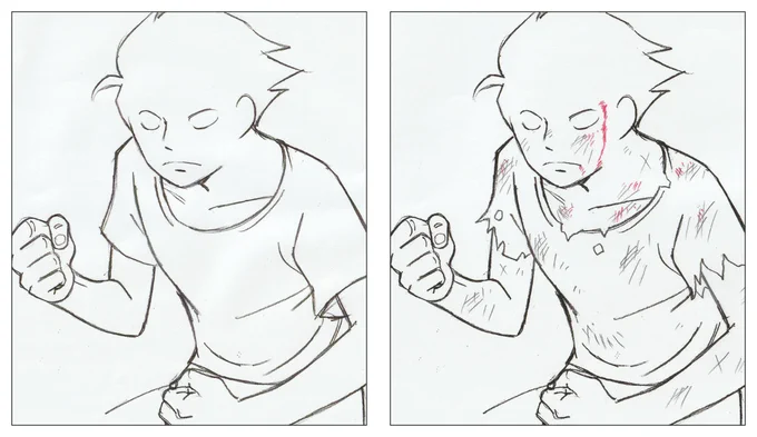 バトル系のアニメでは、エピソードの終盤に向けて味方も敵も傷が増えます。アニメーターもそれに合わせて傷のあるキャラ表を作り、1枚1枚傷や服の破れを足しています。線が増えるので作業が大変ですが、これがあるとクライマックスに向けて盛り上がっていく感じがでます。 
