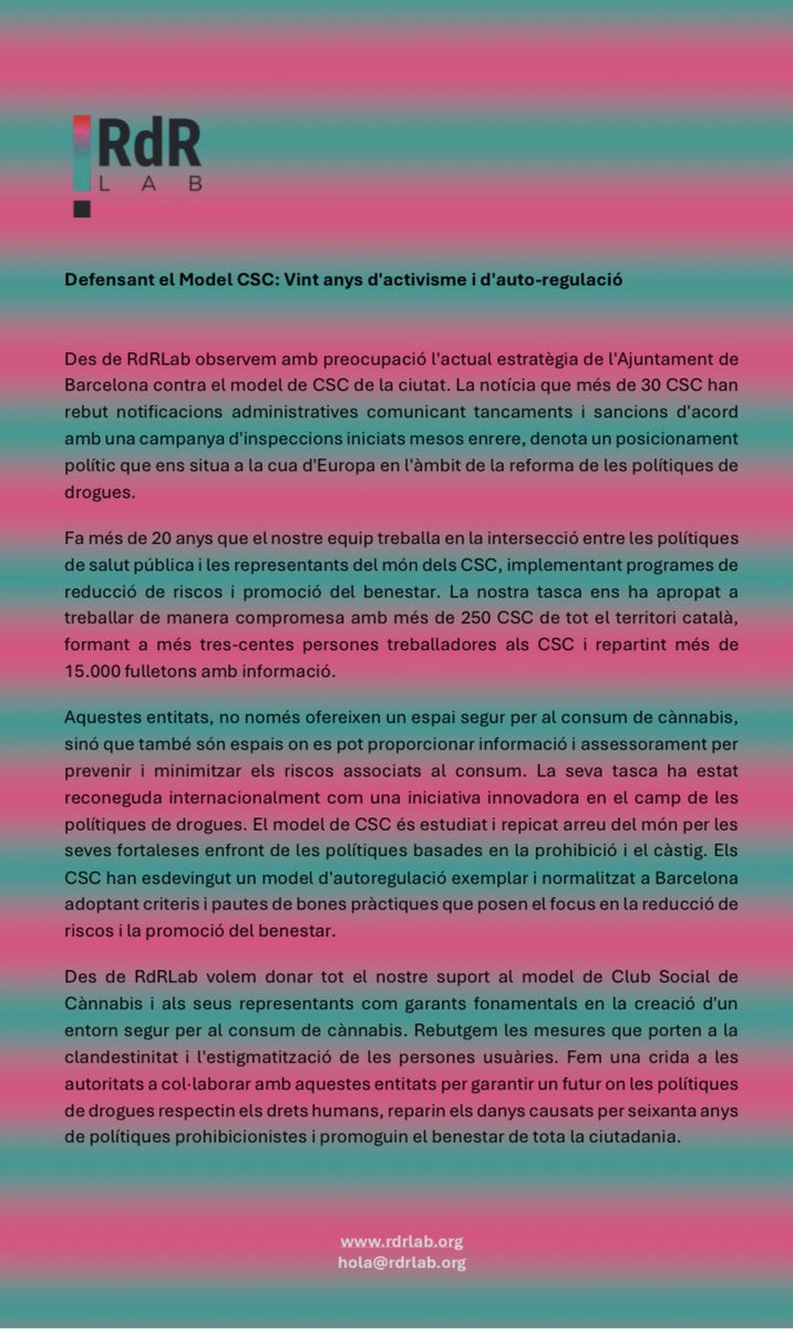 Defensant el Model CSC: Vint anys d'activisme i d'auto-regulació - comunicat de RdRLab rdrlab.org