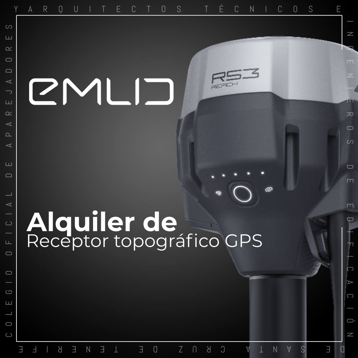 Nuevo equipo adquirido por el COAATIE, para el alquiler de los Colegiados.
Emild Reach RS3.
Receptor RTK GNSS de doble frecuencia con precisión centimétrica con inclinación TILT hasta 60º, para realizar levantamientos, toma de puntos y navegación.
Más info coaat-tfe.com