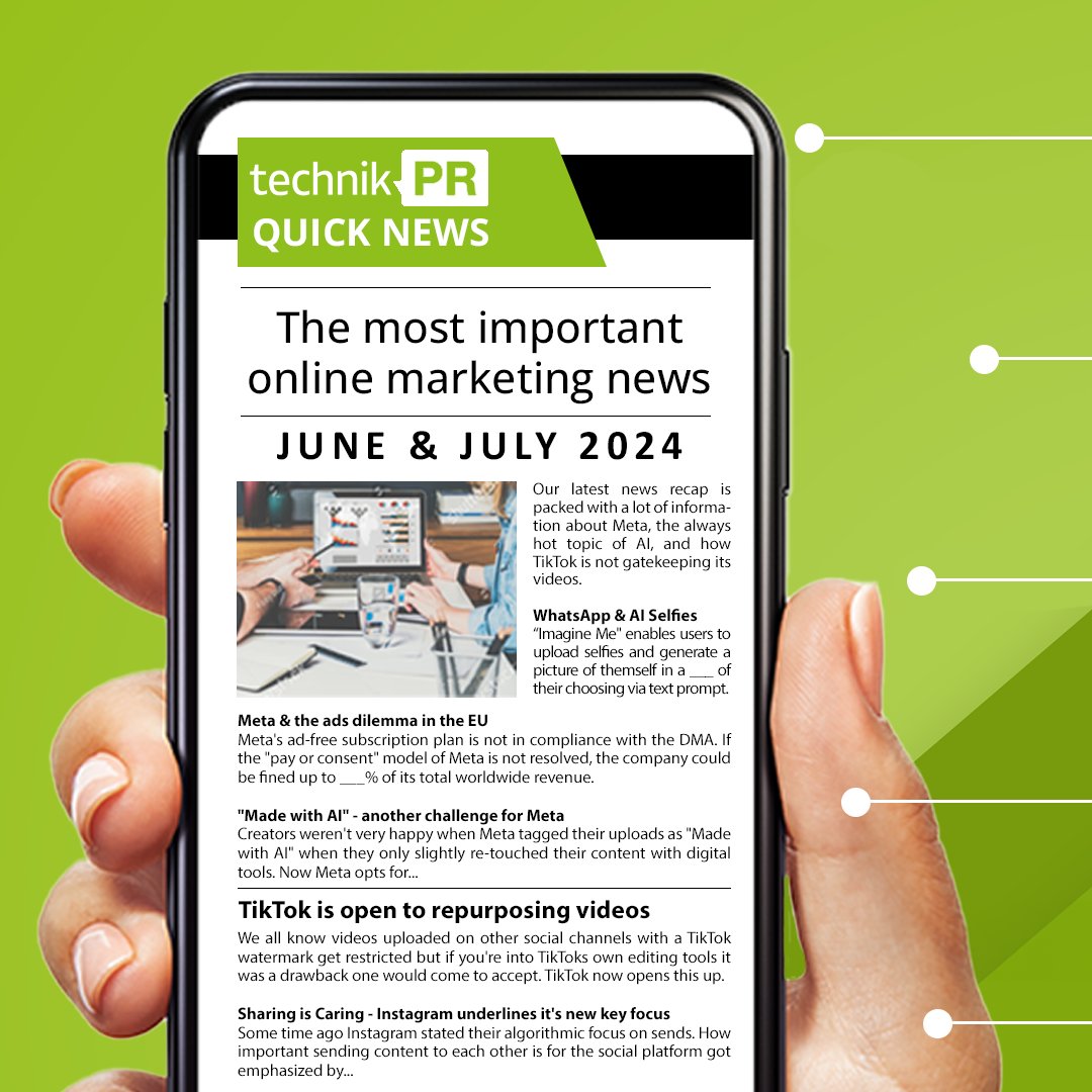 technikPR's tweet photo. Our latest #news recap is packed with a lot of information about #Meta, the always hot topic of #AI, and how #TikTok is not gatekeeping its videos.

Check it out here:
https://t.co/D4Kq15qJMR

#technikPR #agencynews #socialmedianews #onlinemarketingnews #technikPRQuickNews #news https://t.co/Jvhn2DPWJU