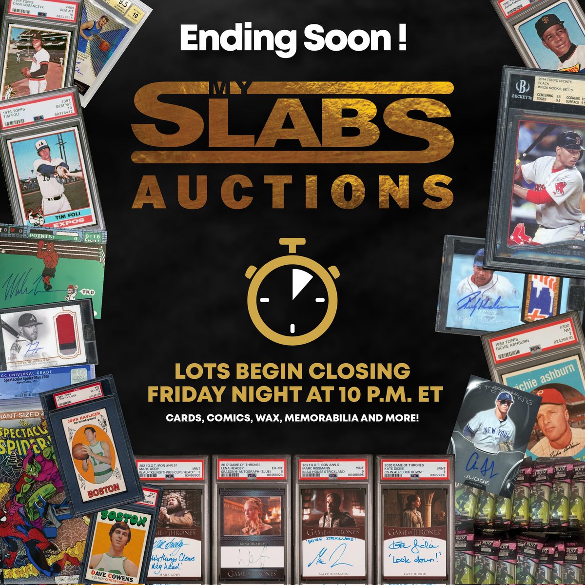 MattGMySlabs's tweet photo. Ending tonight starting at 10 PM ET. Almost 1000 lots of all types of collectibles, low to high end. Don't forget, we offer a true collectibles shipping insurance solution for shipping your items as well! 

https://t.co/7a3uj0KrRg https://t.co/qselyefpp5