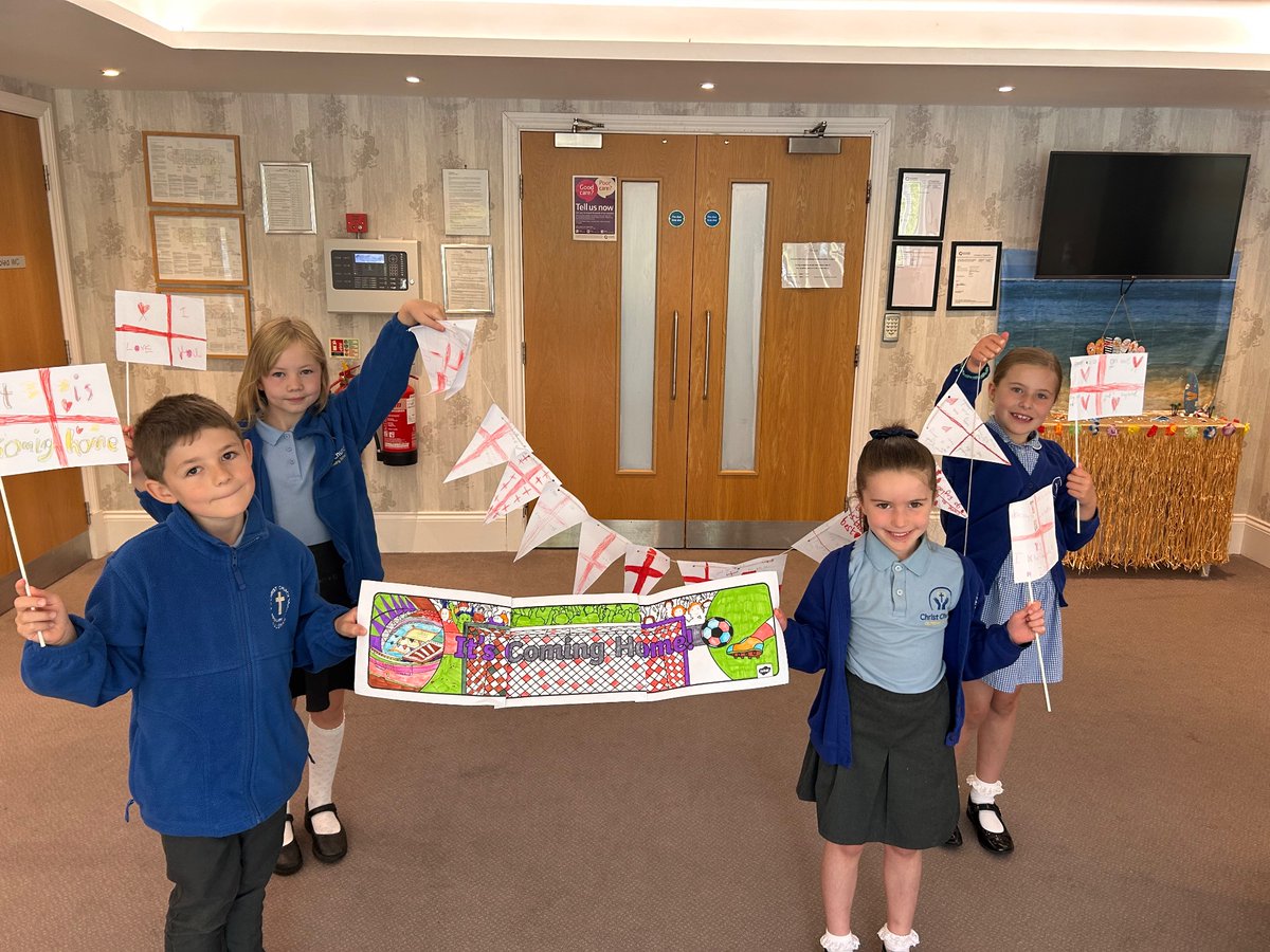 CCWalshaw's tweet photo. Inspired by the Nanzones at @asda , the children of CCW made some flags, banners and bunting for the residents of Walshaw Hall Care Home ahead of the @EURO2024 final on Sunday! Here they are dropping them off. https://t.co/wDjEKnxmYd