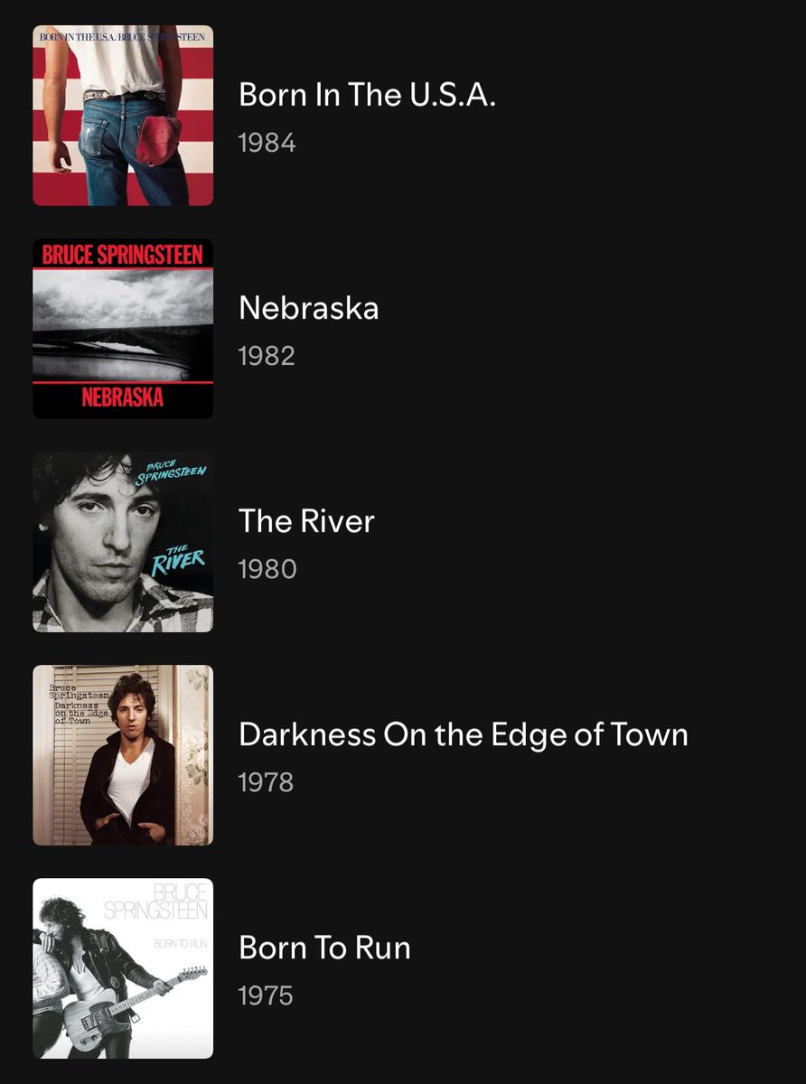 What’s the best run of 5 consecutive albums of all-time? 

You’ll have a hard time convincing me it’s not ‘Born To Run’ to ‘Born In The U.S.A.’ by Bruce Springsteen.