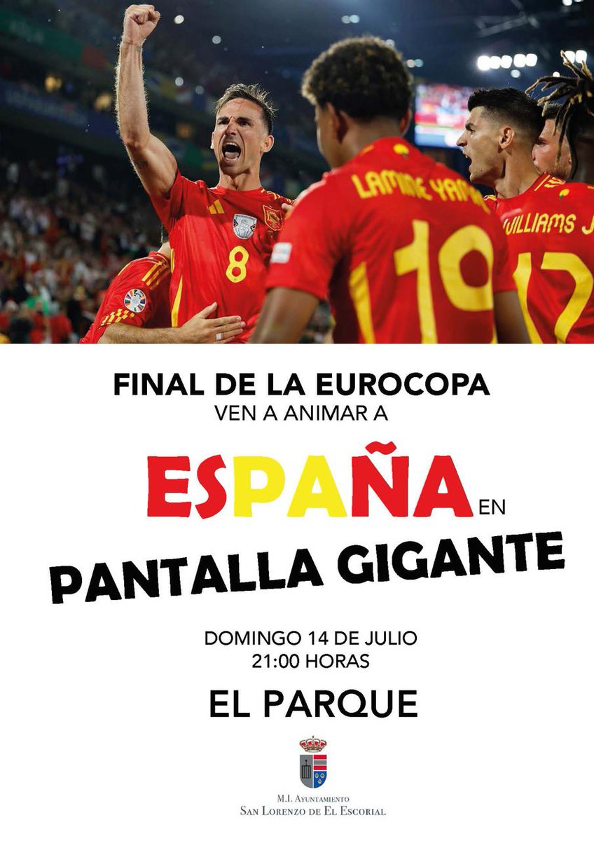 📢 Ven a animar a #España 🇪🇸  con nosotros este domingo
📺 Pantalla gigante en 📍 El Parque
🕘 Acceso a partir de las 20h, para ir creando ambiente.
🤚 No estará permitido el acceso con botellas o vasos de vidrio.
🙏 Respeta a los demás.
#SanLorenzodeElEscorial #conlaroja