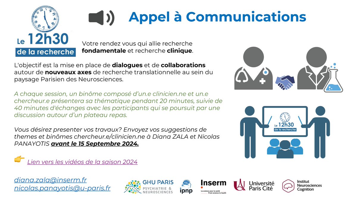 Appel à communications pour la nouvelle saison du #Miditrentedelarecherche <a href="/GhuParis/">GHU Paris Psy-Neuro</a> <a href="/Insermu1266/">Inserm Paris 5 Ipnp</a> 

Amis Parisiens, contactez-nous, envoyez vos suggestions.  

Deadline le 15 Septembre 2024.