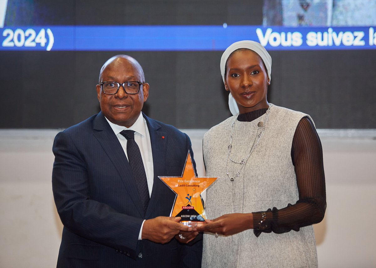 LadiliC's tweet photo. Le Prix d'Excellence ASCOM 2024 pour
@LadiliC
! 🏆 À l' occasion, de la 11ème édition des #ASCOM (As de la Communication et du Marketing) tenu ce jeudi 11 juillet 2024, nous avons eu l’honneur de recevoir le Prix d'Excellence des mains de Maître René BOURGOIN... https://t.co/I5GBaB7z8z
