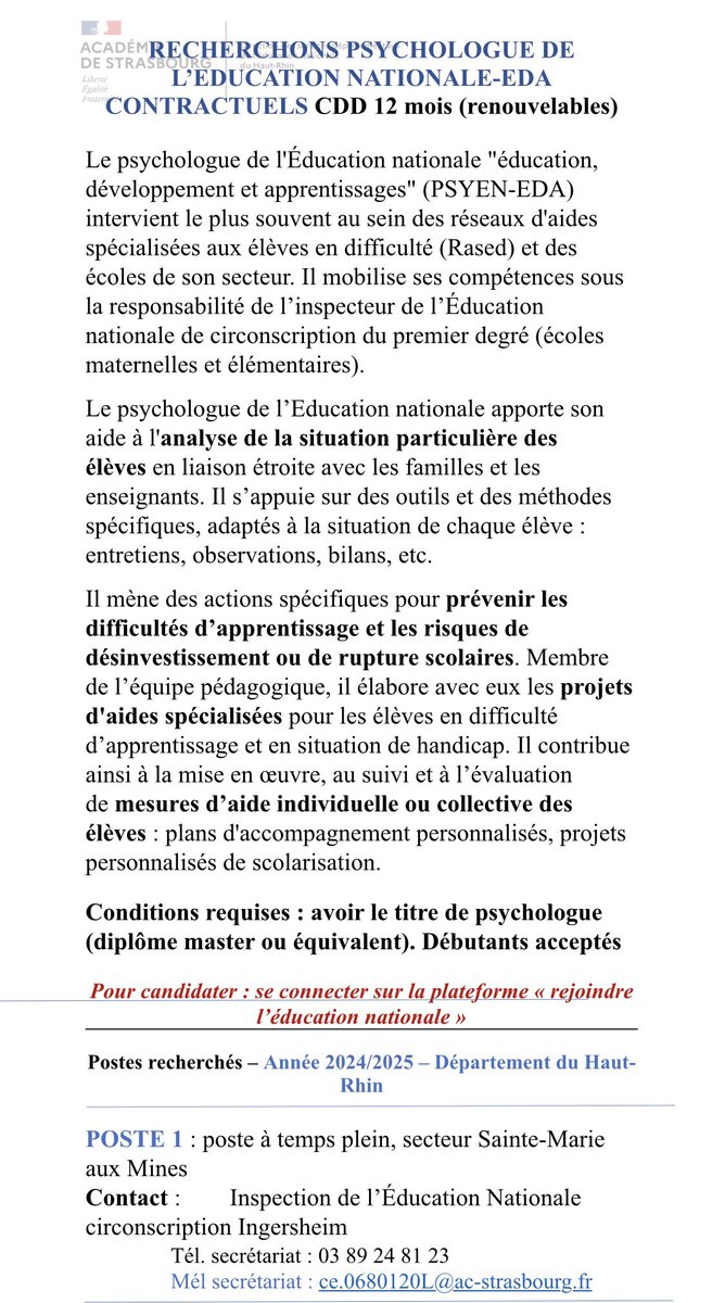 HinterlangSarah's tweet photo. Je  recrute des psychologues scolaires dans la circonscription de Saint-Louis. 
Plus de renseignements sur https://t.co/ArSIbiV40H
Ou directement par mail ce.0681751J@ac-strasbourg.fr ou téléphone 03.68.71.40.95 (les bureaux rouvriront le 22/8). N’hésitez pas à partager 🌸 https://t.co/tHr0yT9G0q