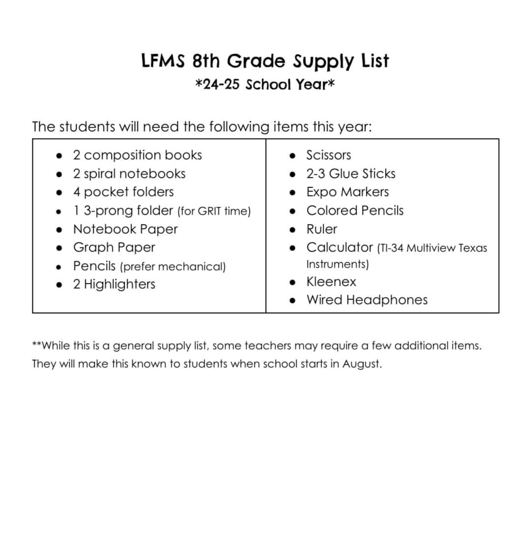 lfmsbruins's tweet image. Here is each grade level’s supply list for the 2024-2025 school year!