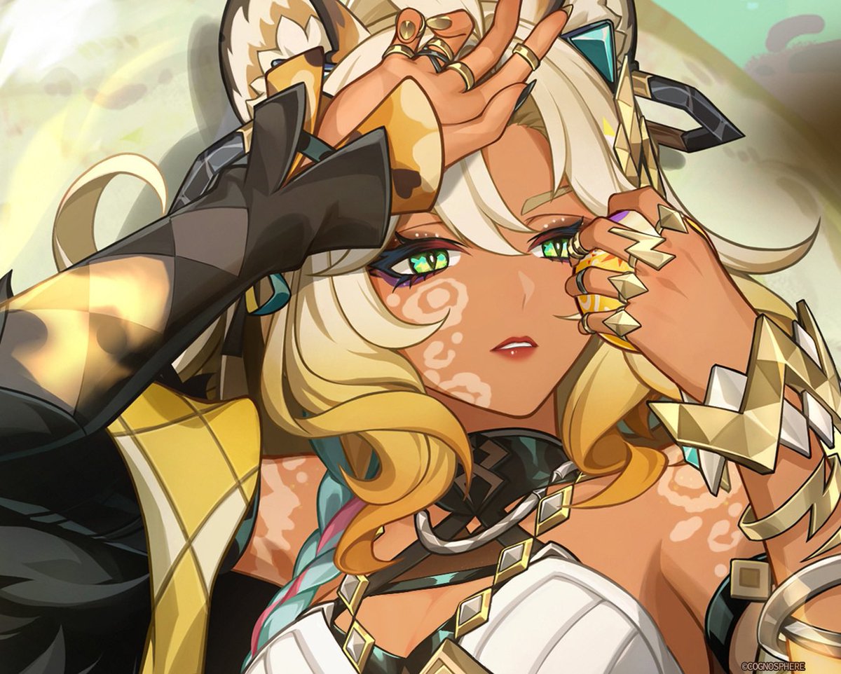 lleuadlily's tweet photo. my own edit of xilonen :] there's two versions bc i wanted to play around with adding vitiligo that could be played around with and stylised to fit her jaguar motif !!!! 

#xilonen #natlan https://t.co/chiennB5XJ