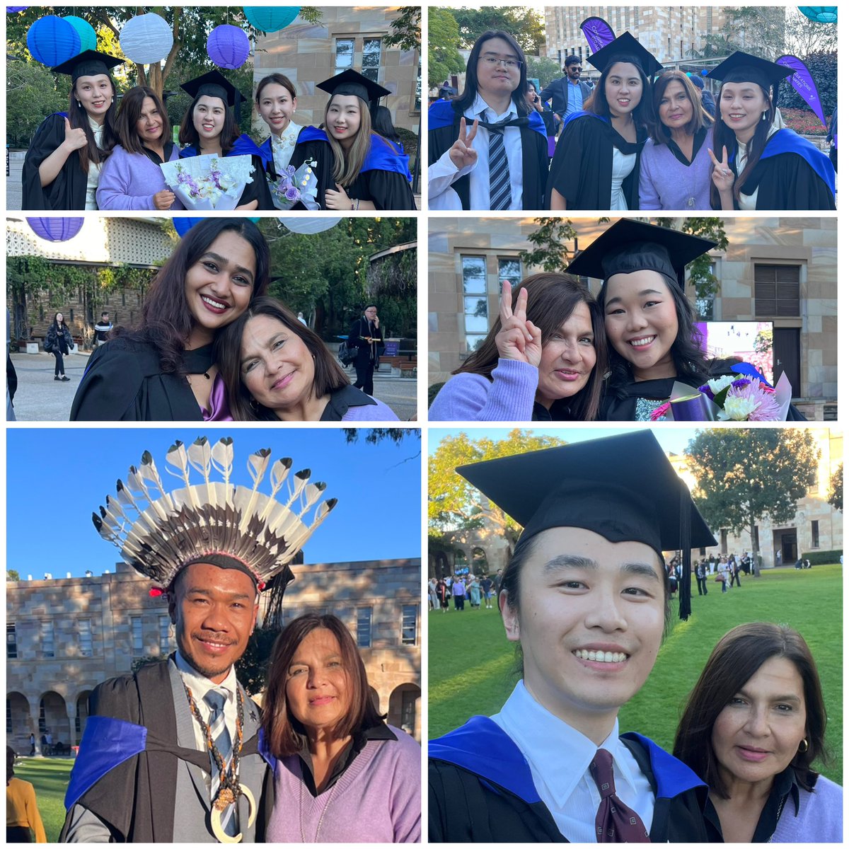 Beautiful to see our Master of Communication students receive their diplomas. Collage with some of our <a href="/UQCom_Arts/">UQ Communication & Arts</a> graduates…great to see  for example, Donald Willie proudly wearing his PNG headdress; also Sabrina, Leo, Sandra &amp; many beautiful others. Congrats: Just the start!