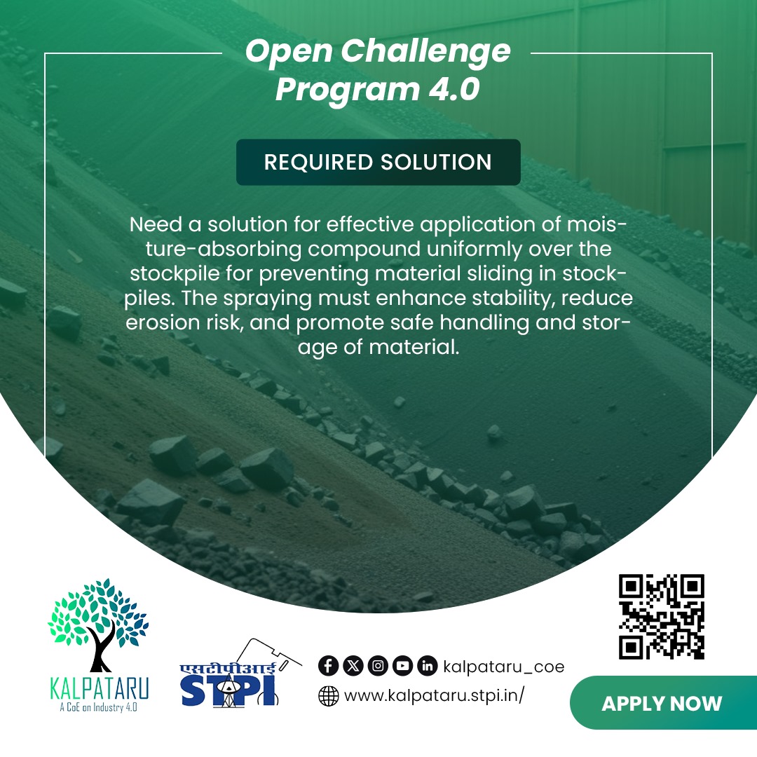 STPI_KALPATARU's tweet photo. Develop an #Industry4.0 solution for "Preventing Material Sliding in Stockpiles" for the problem statement of @RINL_VSP by participating in the #OCP4.0 of #KALPATARU_COE
Apply now:https://t.co/aXeiw9qnQv @arvindtw @DeveshTyagii @KavithaC8 @stpiindia #STPICoEs #STPIINDIAΒ #VizagIT https://t.co/kIEP4MPIaC