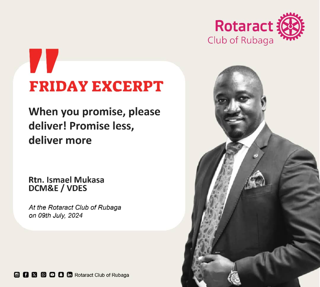RotaractRubaga's tweet photo. π EXCERPT FRIDAY π
In today's Friday Excerpt, we reminisce about Rtn @Ismaelnsamba's insights at the Rotaract Club of Rubaga on Tuesday, 9th July 2024.
#PRTeam
#TheElites
#FridayExcerpt
#TheRubagaWay
Rotaract Club of Rubaga
info@rotaractrubaga.org https://t.co/h3Fza018ts