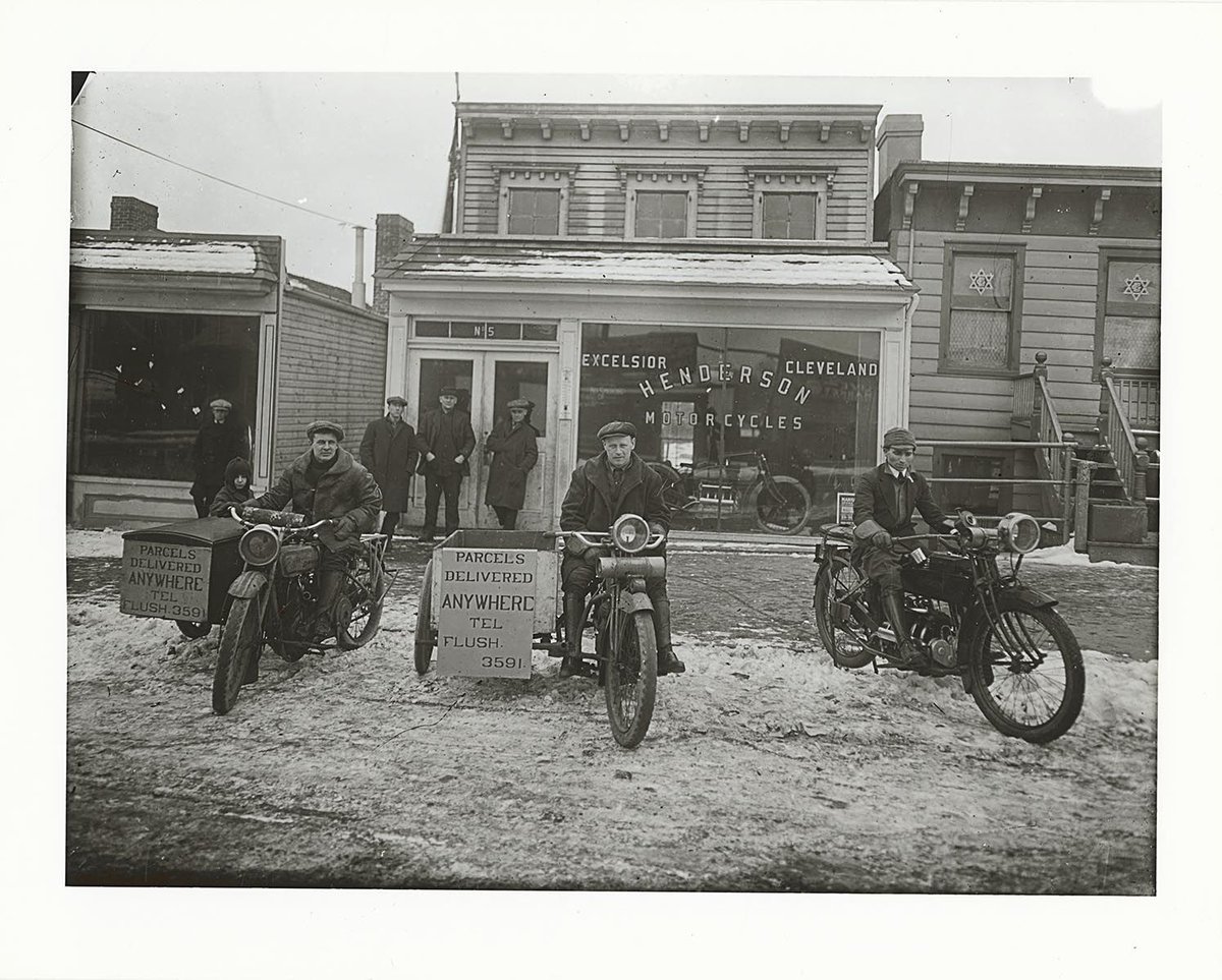 QueensMemory's tweet photo. Friday, July 12, 2024 is #NationalMotorcycleDay! This photo from the QPL Archives shows three parcel delivery men on their steel horses in front of the Henderson Motorcycles store of Flushing, Queens, 1910. Anyone up for a joyride?

#QPLarchives #FlushingQueens #1910s https://t.co/ortozuaY2j
