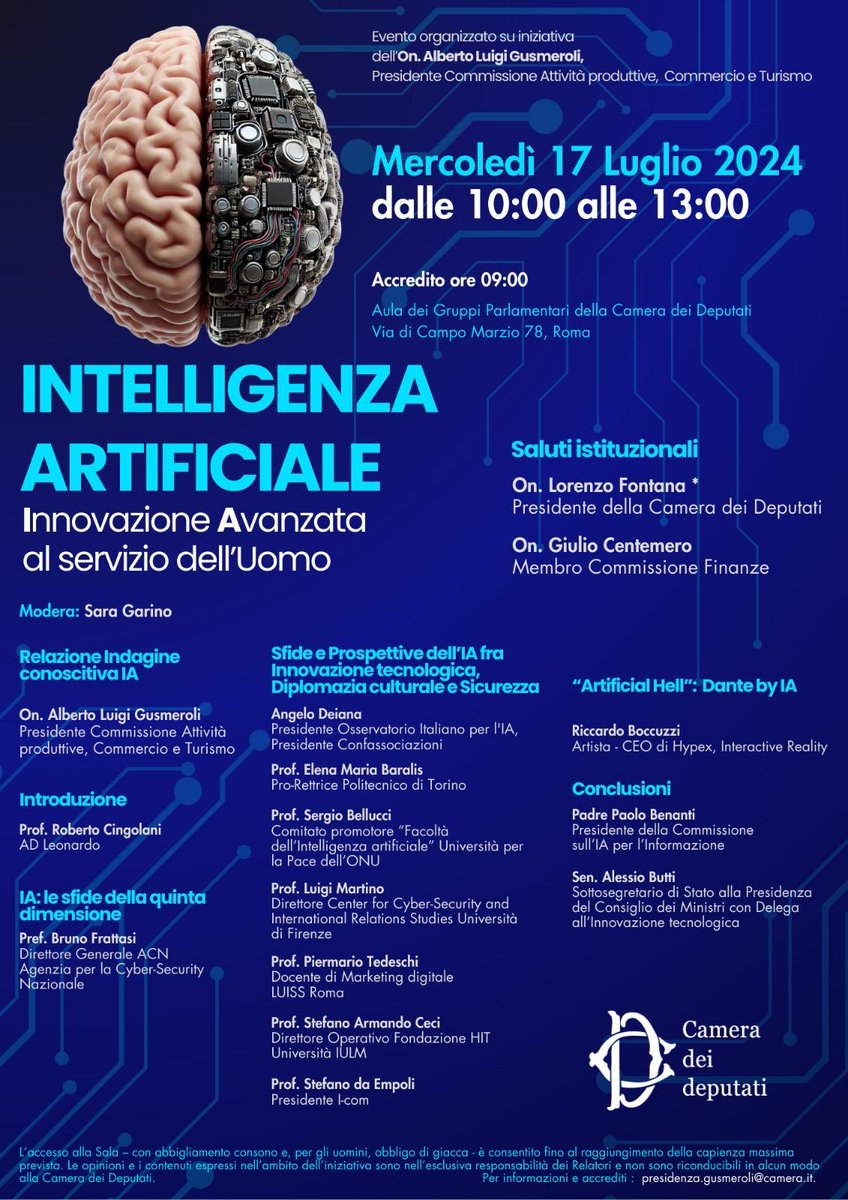 AngeloDeianaTW's tweet photo. Il #17luglio #mattina sarò alla Camera dei deputati per un #grandeevento su "Intelligenza Artificiale - Innovazione Avanzata al servizio dell'Uomo" con un #parterre di #importanti #protagonisti. Vi aspetto...
#Confassociazioni #laretedellereti #osservatorioia #IA #AI #futuro https://t.co/5kUStVqo8n