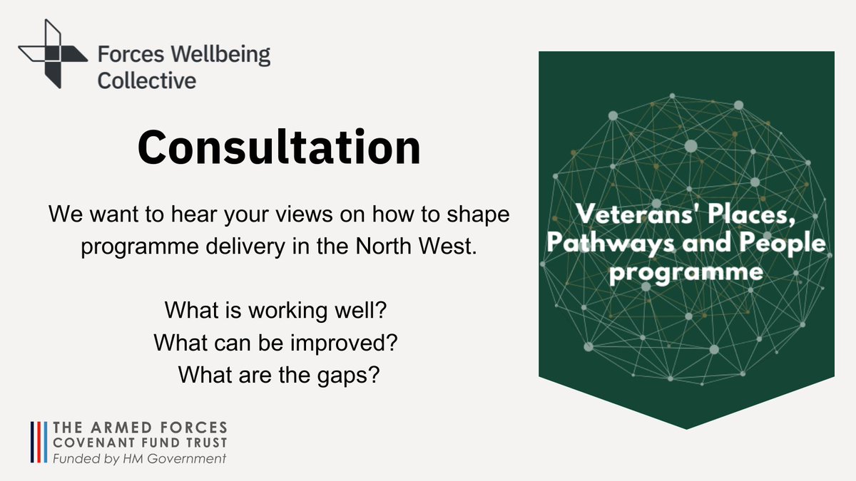 📢 HAVE YOUR SAY!
Get involved in our consultation to shape delivery of VPPP in the North West.

Survey: tinyurl.com/vpppnw-survey

Virtual Consultation
📅 Tue 16 July
🕙 1000-1130
forms.office.com/e/U0a25VSQ6e

<a href="/CovenantTrust/">Armed Forces Covenant Fund Trust</a>

#VPPP #armedforcescommunity #armedforcescovenant