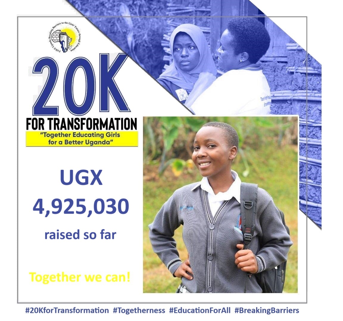 FAWEUganda's tweet photo. We are happy to announce that we've raised UGX 4,925,030 through our 20K for Transformation campaign so far! Thank you to all our contributors; your support is making a significant impact.

Our goal is still ahead, and there is still time to join our community of supporters. Please continue to give what you can to help us transform lives through education. Every contribution makes a difference! 

#20KforTransformation #BreakingBarriers #Togetherness #EducationForAll