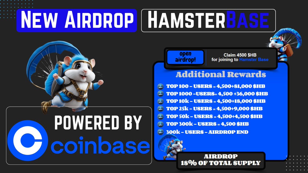 NEW AIRDROP: <a href="/Hamster_Base/">Hamster BASE</a>

✅Claim 4500 ($HB) tokens for joining.

Task is simple just join the Socials ✅

✅FOLLOW US:
Twitter:<a href="/Hamster_Base/">Hamster BASE</a>
Telegram: t.me/hamster_basse
Airdrop Bot: t.me/hamsterbasebot

#HamsterBase #Airdrop #HamsterKombat #coinbase
#Hamsters