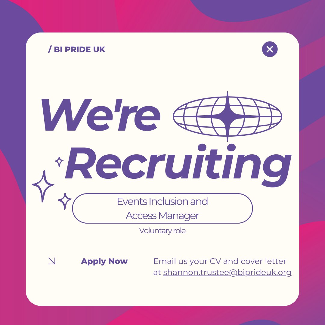 🌟 Join us as an Events Inclusion and Access Manager at Bi Pride UK! 🌈⁠

Access and inclusion at our events are central to our ethos, and we commit to making each event more accessible than the last.

#VolunteerOpportunity #eventplanning #eventplanner #eventmanagement