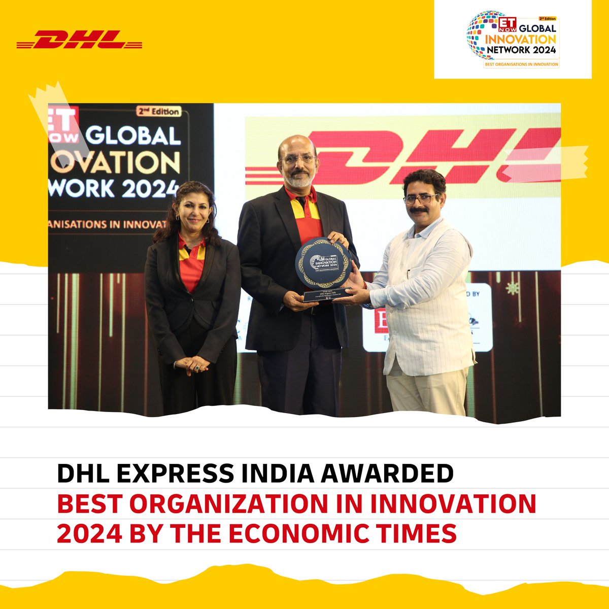 DHLExpressIndia's tweet photo. DHL Express India was recognized as the 'Best Organization in Innovation 2024' by @economictimes. The award reflects our commitment to leveraging cutting-edge technologies and #sustainable practices to revolutionize logistics. #DHL #DHLExpressIndia #BestOrganizationsInInnovation https://t.co/rvszQrvrLG